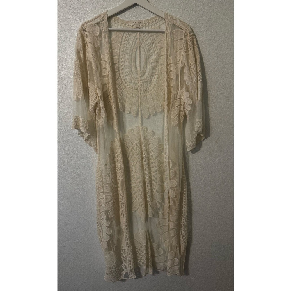 Adiva Duster‎ Lace Cardigan Womens Medium Cream Embroidered Mesh Boho Festival